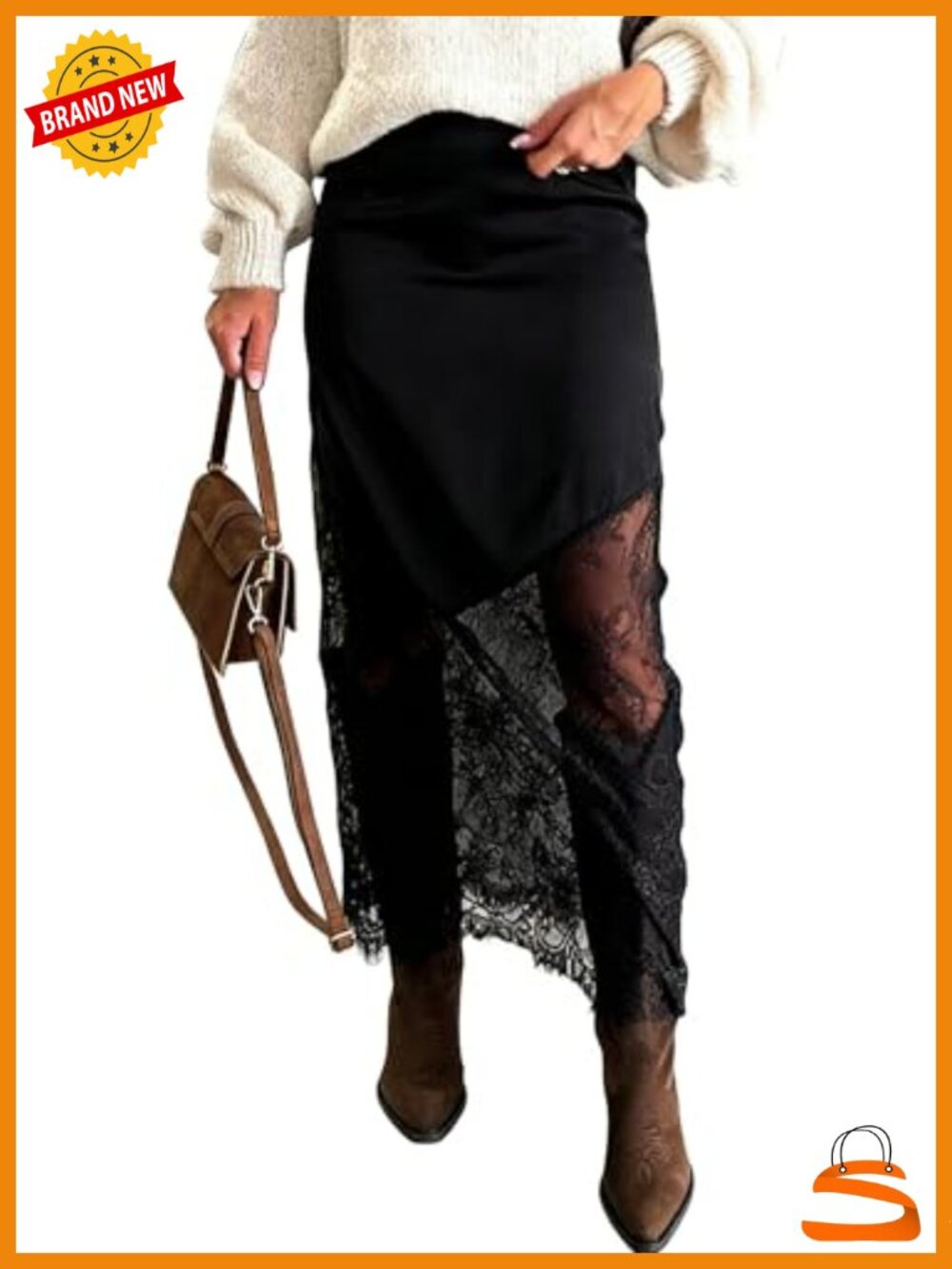 Women's High Waist Lace Patchwork Satin Maxi Skirt Y2K